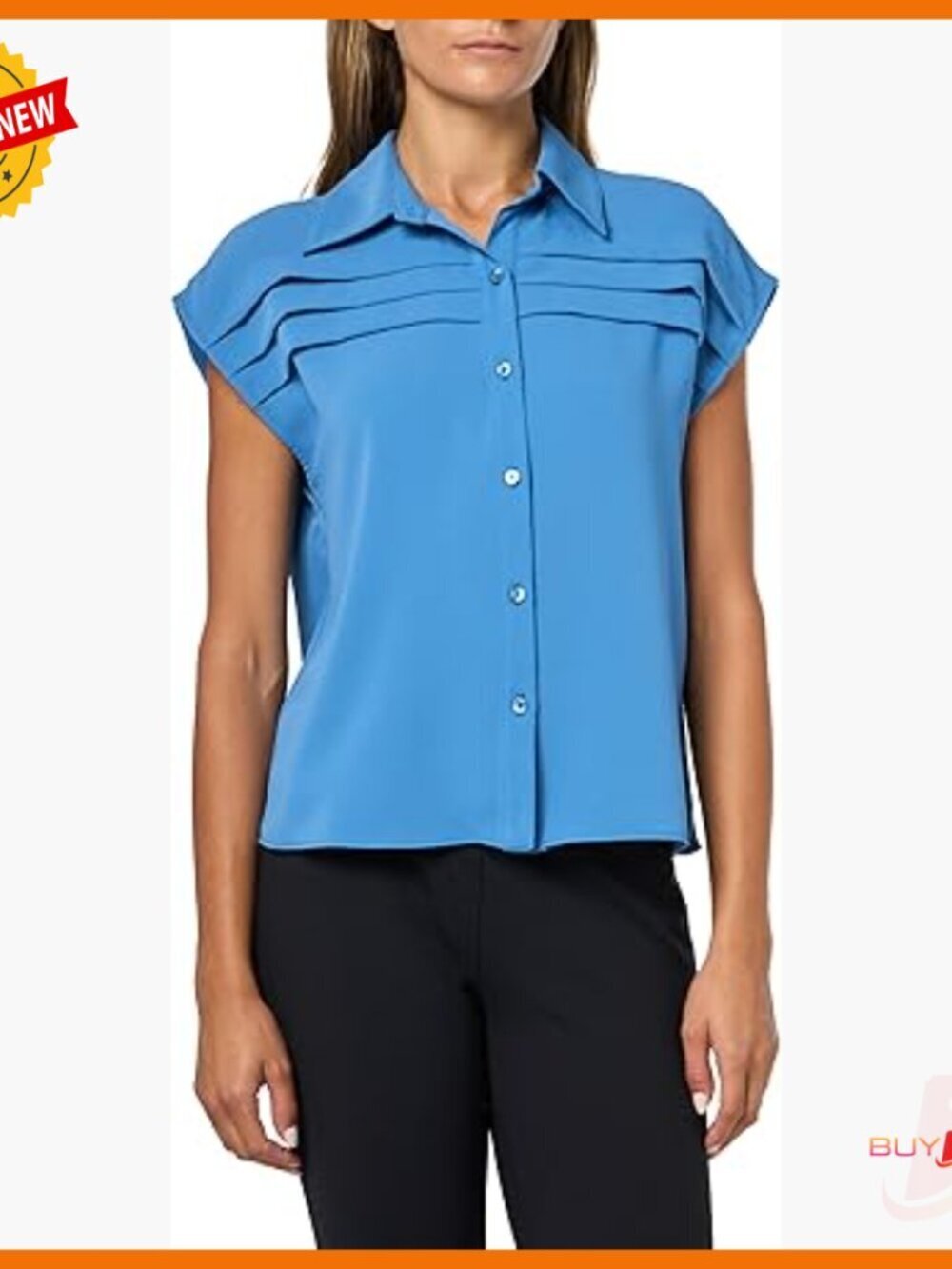 Collared Button Front Blouse with Cap Sleeves and Pleat Detail